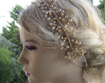 Wedding Gold Rhinestones and Pearl Headpiece/ Gold Pearl Wedding Headband, Bridal Hairband, Bride Headpiece,Bridal Accessoriec.