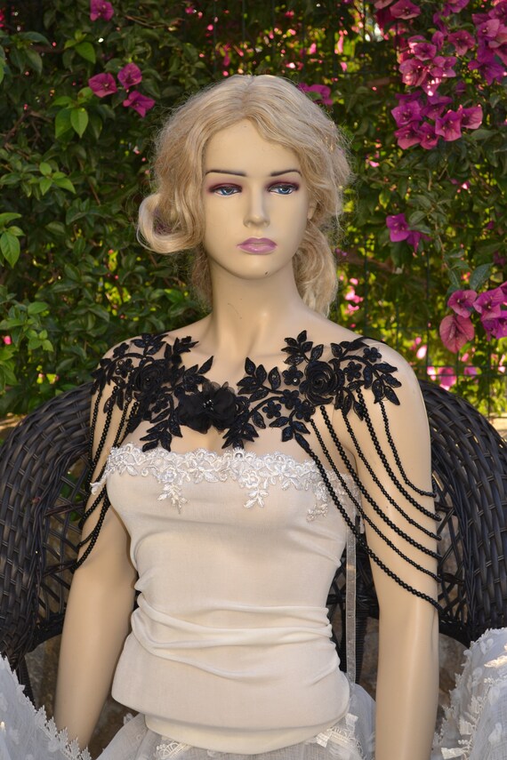 Black Lace and Pearl Shoulder Necklace Roses Lace Shoulder Etsy