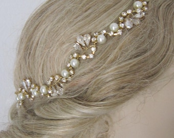 Gold Wedding crystal and Pearl headband/ Gold  Bridal Hairband, Bridal headpiece, Pearl Headband, Wedding Headpiece, Wedding accessories