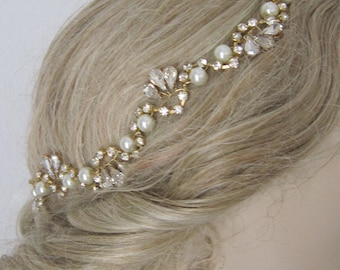 Gold Crystal Pearl Wedding Headband: Bridal Hair Piece
