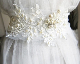 Ivory lace bridal belt sash, wedding lace and pearl sashs, wedding dress belt