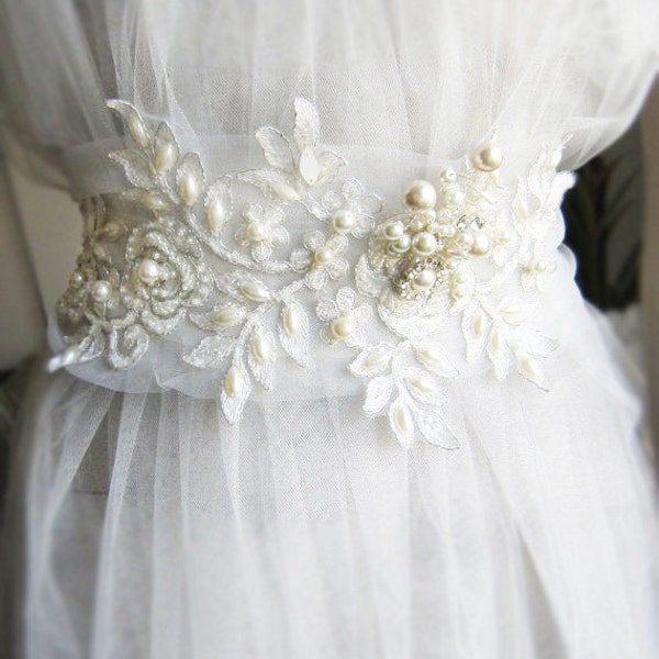 Ivory lace bridal belt sash, wedding lace and pearl sashs, wedding dress belt