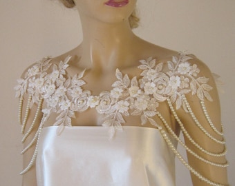 Ivory Lace And Pearl Shoulder, Necklace shoulder,Lace Flower  Bridal Lace Shoulder, Pearl Necklace, Lace shoulder Jewelry