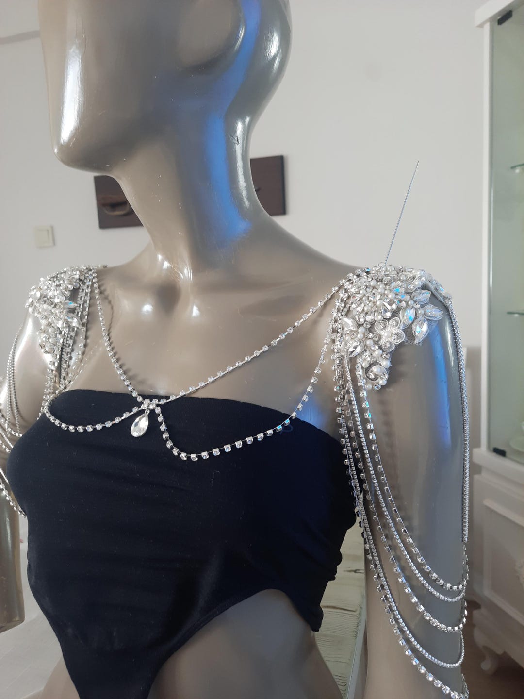 Wedding Silver Lace and Rhinestones Shoulder Necklace, Wedding Dress ...