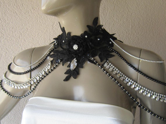 Black Lace Bridal Shoulder Necklace: Crystal Pearl Gothic Wedding Jewelry -  Etsy