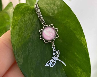 Dragonfly Necklace Pink-White, Fantasy Jewelry, Stainless Steel, Pink Spiritual Necklace, Spirit Animal Dragonfly, Witch Jewelry Gift Hers