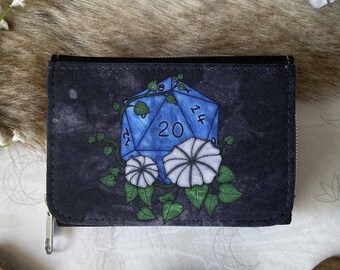 D20 Blue Dice Moonflowers Zipper Wallet | Game Wallet | Geek Wallet Blue D20 | Critical 20 | Fantasy Art Small Wallet | Adventure Wallet Art