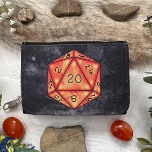 D20 Orange Dice Fire Zipper Wallet / Game Wallet / Geek Wallet Orange D20 / Critical 20 / Fantasy Art Small Wallet / Adventure Wallet Art