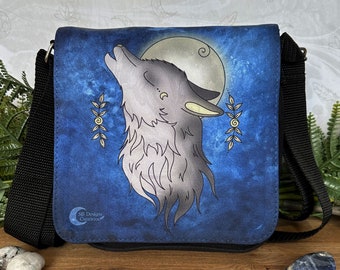 Wolf Spirit Animal Shoulder Bag - Full Moon Blue Fantasy Bag - Wolf Lover Gift - Small square shoulder bag - Animal Art Fantasy Style Wolves