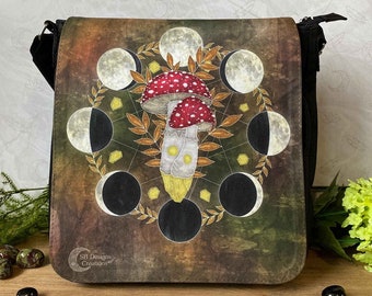 Nature Mushroom Shoulder Bag | Fly agaric art illustration | Fungi Moon Phases Bag | Nature Shoulder Bag| Autumn Green Witch| Nature Spirits