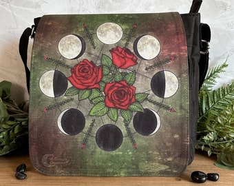 Roses Moon Phases Shoulderbag | Flower Moon Bag, Witch Art Bag, Witch Purse, Pagan Art Bag Moon Phases Rose Moon Bag, illustrated Square bag