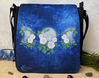 Moonflowers Triple Moon Shoulder Bag Blue Night Sky | Nature Art Bag | Nature Magic | Square Shoulder Bag Black | Witch Bag | Pagan Bag