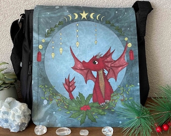 Red dragon shoulder bag | Little Dragon messenger bag | Yule Dragon | Winter Dragon | Fantasy Art | Strong Fabric Bag | Magical Creatures