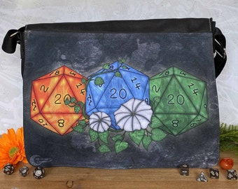 D20 Dice Messenger Bag With Moonflowers | Fantasy Art DnD Style Shoulder Bag | Geek gift | Moonflowers Art | Gamer Art bag | Fan Art Bag