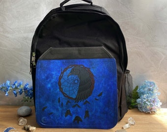 Raven Dream Catcher Backpack | Spirit Animal Art | Fantasy Bag | Firm Black Bag | Spiritual Art Bag | Raven Spirit | Witch Bag Dream Magick