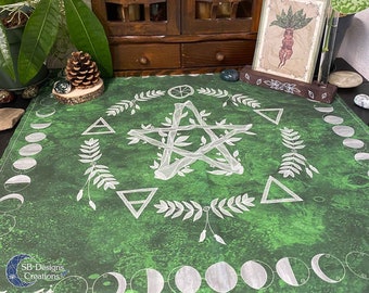 Pentagram Elements Green Witch Altar Cloth | Tarot Oracle Divination | Witch home decoration | Square cloth | Pagan Home | Spiritual Cloth