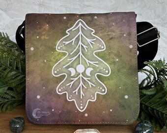 Oak Leaf Small Shoulder Bag | Nature Art | Green Witch Bag | Pagan Bag | Firm Black Shoulder Bag | Fairy Fantasy Bag | Elven Art Gift