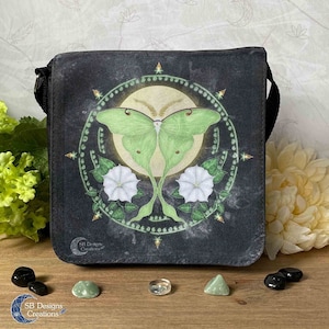 Luna Moth Small Shoulder Bag | Spirit Animal | Lunar Moth Moonflowers | Full Moon Pagan Bag | Firm Black Shoulder Bag | Animal Lover Gift