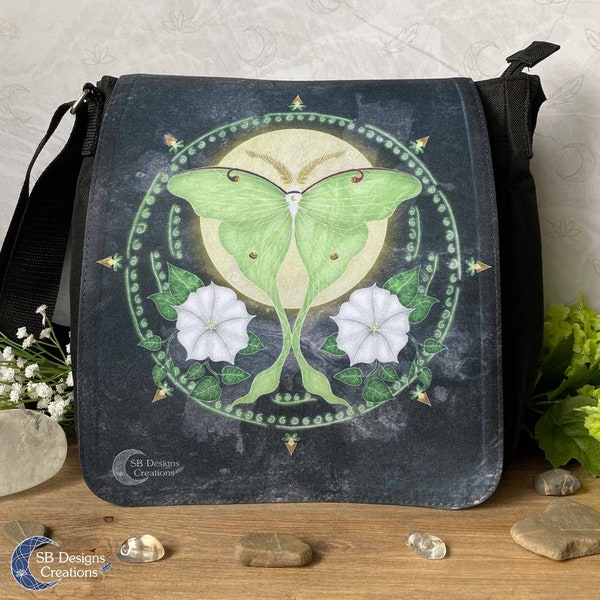Luna Moth Shoulder Bag | Spirit Animal Art | Lunar Moth Moonflowers | Full Moon Pagan Bag | Firm Black Shoulder Bag | Animal Lover Gift