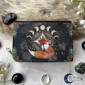 Monedero con cremallera pequeña Fox Spirit Animal / Totem Animal Art / Monedero pagano espiritual / Monedero de fases lunares / Monedero de rosas rojas / Monedero de bruja