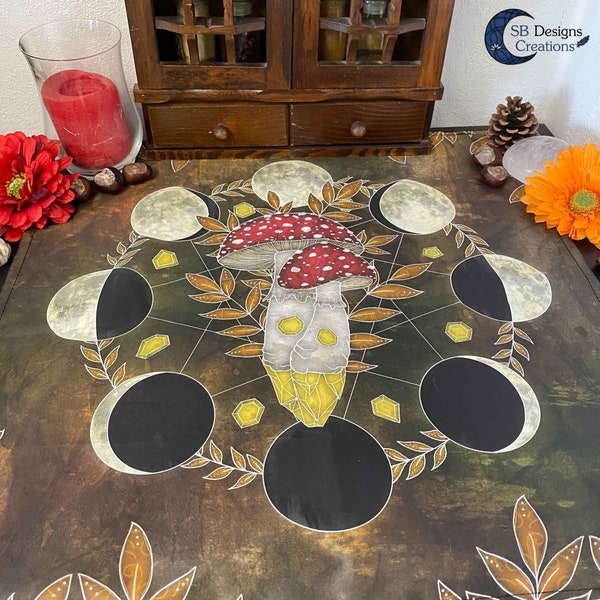 Mushrooms Moon Phases Altar Cloth | Tarot Cloth | Divination | Witch home decoration | Autumn Table Cloth | Oracle Cloth | Spiritual Art