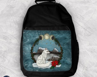 Artic Fox Backpack | Spirit Animal Art | Winter Fantasy Bag | Firm Black Bag | Spiritual Art Bag | Fox Spirit | Yule Illustration