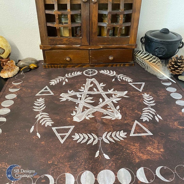 Pentagram Elements Tuch Braun | Altartuch | Tarot Weissagung | Hexenhaus Dekoration | Quadratische Tischdecke | Heidnisches Zuhause | Spirituelle Kunst |