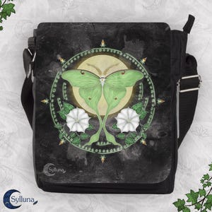 Luna Motte Umhängetasche | Krafttier Kunst | Mondfalter Mondblumen | Vollmond Pagan Tasche | Feste schwarze Umhängetasche | Tierliebhaber Geschenk