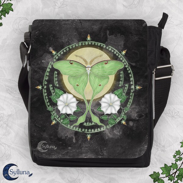 Luna Moth Shoulder Bag | Spirit Animal Art | Lunar Moth Moonflowers | Full Moon Pagan Bag | Firm Black Shoulder Bag | Animal Lover Gift