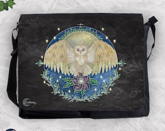 Barn Owl Messenger Bag – Mystical Nature Art | Moon Owl Laptop Bag | Witchy Crossbody School Bag | Forest Animal Gift, Fantasy Animal Art