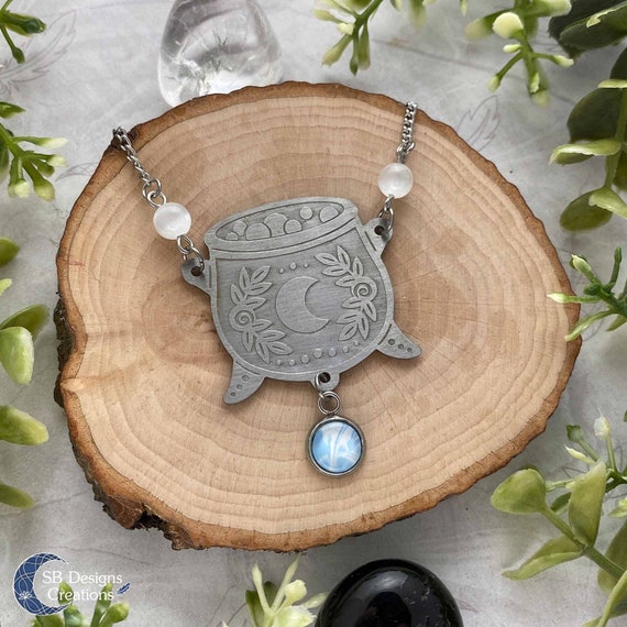 Cauldron Necklace Witch Jewelry Selenite Spiritual Jewelry Pagan Necklace  Wicca Witchcraft Stainless Steel Blue Witch Magick 