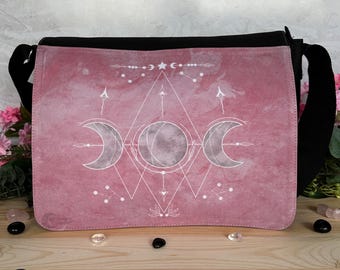 Triple Moon Bag Pink Large Shoulder Bag | Pagan Art Bag | Witchy Shoulder Bag | Laptop Bag | Triple Moon Magic | Witchcraft Bag