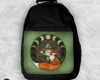 Fox Animal Spirit Moon Phases Backpack, Spiritual Art, Animal Fantasy Bag, Nature Witch Moon Magic, Sturdy Backpack, Big Backpack Witchy