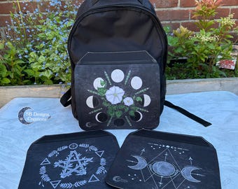 Mystical Nature Backpack Set – Witchy Black Backpack with 3 Interchangeable Flaps | Moon Phases, Pentagram, Floral Magic, Witchcraft, Art