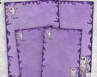 Printable Writing Paper Set, Cute Ghost Stationery, A4 A5 Lined and Blank, Halloween Journal Paper, Hand Drawn Digital Download, Spooky Vibe