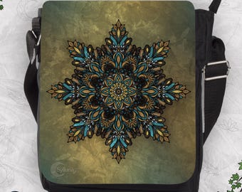 Mandala Shoulder Bag – Hand-Drawn Yellow Teal Sylluna Print, Artistic Crossbody Bag, Festival & Everyday Bag, Boho Style Shoulder Bag