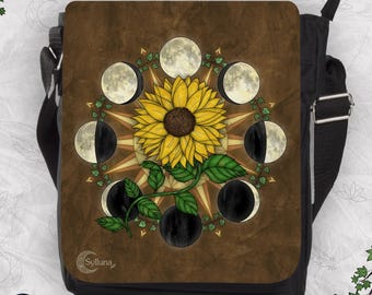 Sunflower Moon Phases Crossbody Bag, Hand-Drawn Art