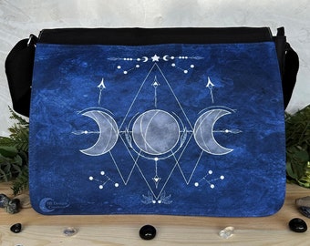 Moon Bag, Triple Moon Shoulder Bag, Big Messenger Bag, Blue Magic, Pagan Moon Witch Bag, Blue laptop bag, Geometric Moon Design, Art Bag