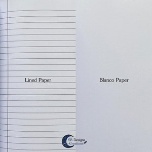 May include: A notebook with lined paper on the left side and blank paper on the right side. The text "Lined Paper" is printed on the left side and "Blanco Paper" is printed on the right side. The notebook has a logo at the bottom that says "SB Designs Creations".