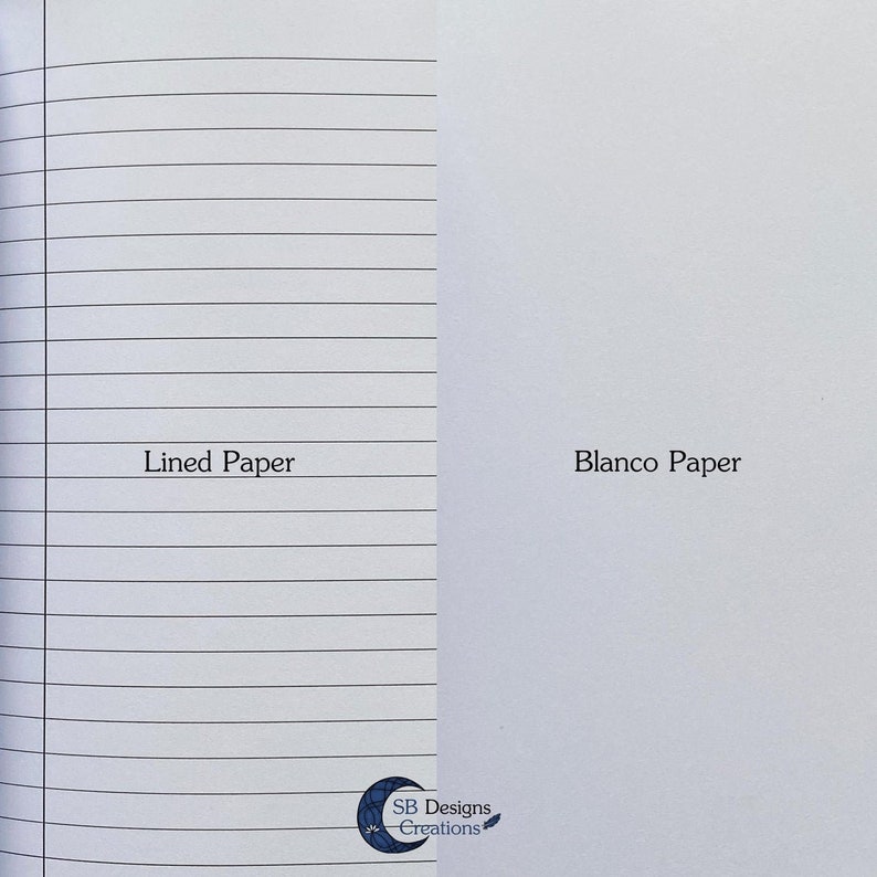 May include: A notebook with lined paper on the left side and blank paper on the right side. The text "Lined Paper" is printed on the left side and "Blanco Paper" is printed on the right side. The notebook has a logo at the bottom that says "SB Designs Creations".