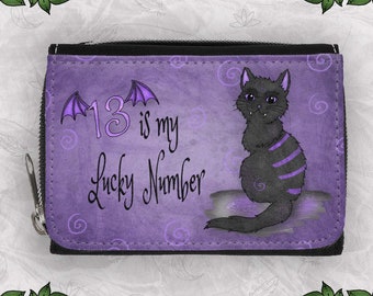 Black Cat 13 Halloween Purple Zipper Wallet | Witch Familiar Cat Wallet | Spirit Animal Art | Purple Cat Animal Art | Fantasy Art Gift