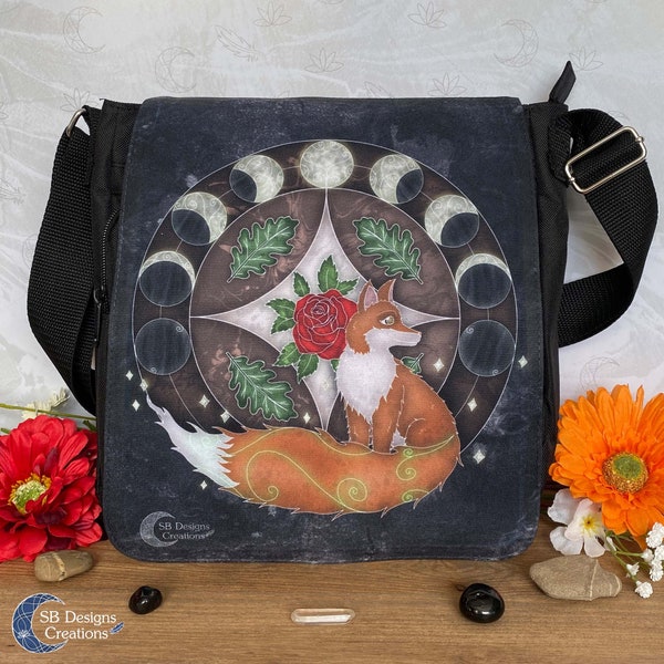 Fox Spirit Animal Shoulder Bag | Totem Animal Art | Moon Phases and Roses | Oak Leaves | Spiritual pagan Art Square Shoulder Bag Witchy