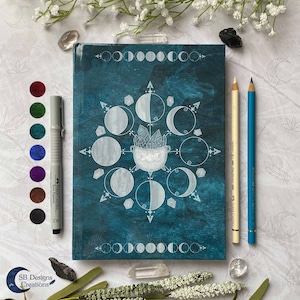 Moonphases Cauldron Crystals Notebook A5 Hardcover | Moon Journal| Blank Grimoire| Moon Spellbook| Magick Spells Sketchbook| Witchy Art Gift