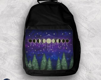 Moon Phases Forest Backpack | Nature Art | Nature Fantasy Bag | Firm Black Bag | Spiritual Art Bag | Nature Witch Moon Magic