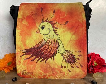Baby Phoenix Umhängetasche | Fantasy Quadratische Tasche | Feste quadratische Schultertasche | Magische Kreaturen | Phoenix Federn Transformation, Tier Vogel