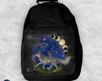 Wolf and Raven Moon Art Backpack | Nature Art | Animal Fantasy Bag | Wolf Spirit Firm Black Bag | Spiritual Art Bag, Nature Witch Moon Magic