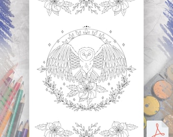 Barn Owl Spirit Animal Coloring Page, Printable Coloring Page Book of Shadows, Art Witch Journal, Digital Download, Home decoration Owl