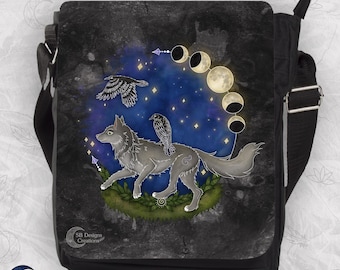Wolf & Raven Spirit Animal Shoulder Bag — Fantasy Art Crossbody Bag, Spiritual Animal Gift, Witchy Everyday Bag
