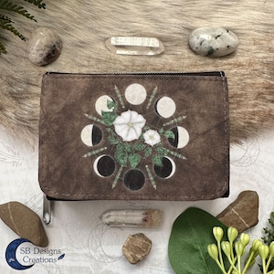 Monedero de fases lunares de flores lunares / Monedero con cremallera de bruja verde / Arte mágico de flores / Símbolo pagano / Accesorios de arte espiritual / Regalo mágico de la naturaleza