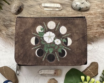 Moonflowers Moon Phases Wallet | Green Witch Zipper Wallet | Flower Magic Art | Pagan Symbol | Spiritual Art Accessoires | Nature Magic Gift